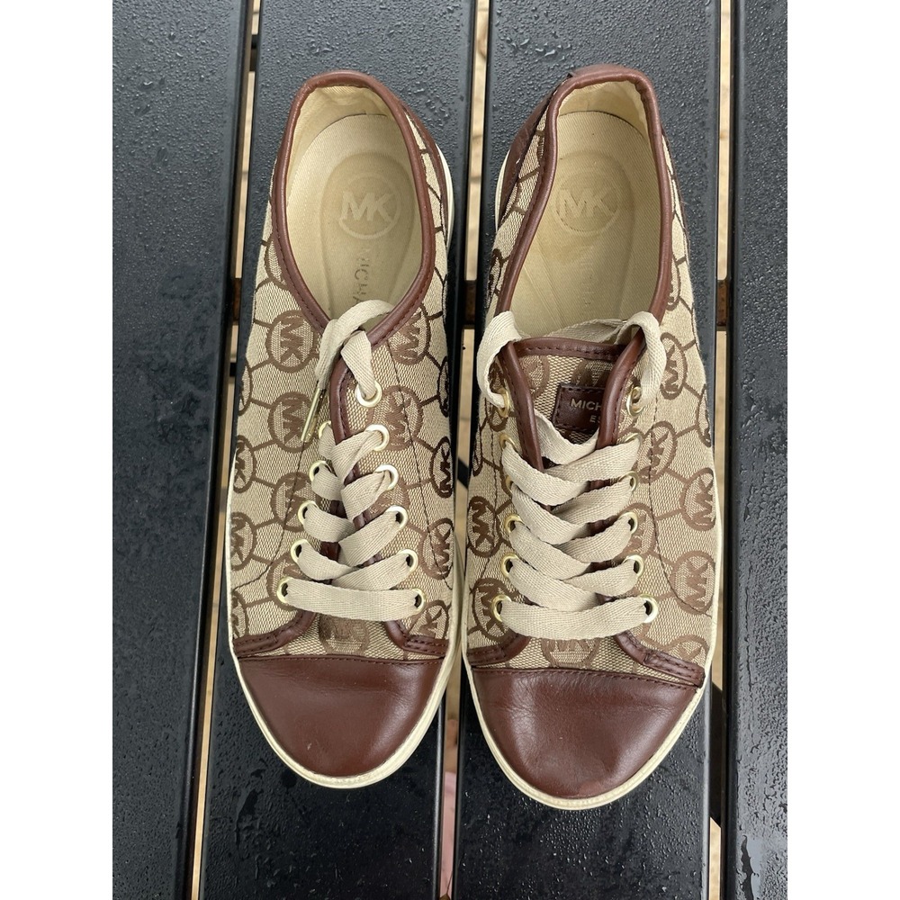 Michael Kors Womens MK Monogram Logo Low Top Sneakers Brown Tan Leather Trim - Picture 3 of 9
